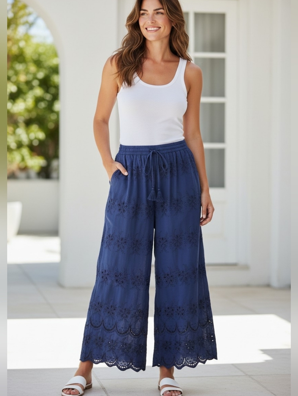 NWT TOLANI Navy Blue Eyelet Wide Leg Pull On Pants Tassel Ties Embroidered M